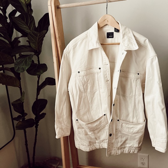 Vintage Chore Coat Off White Denim Cotton Shacket - Picture 1 of 6